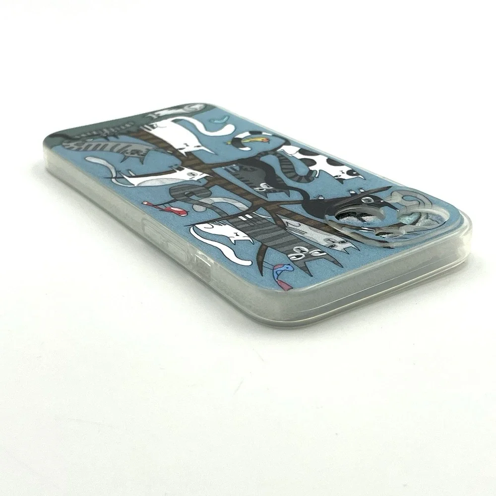 New iPhone 13 Cat Tree Phone Case Whimsical Cats Birds‎ Blue Clear Edge